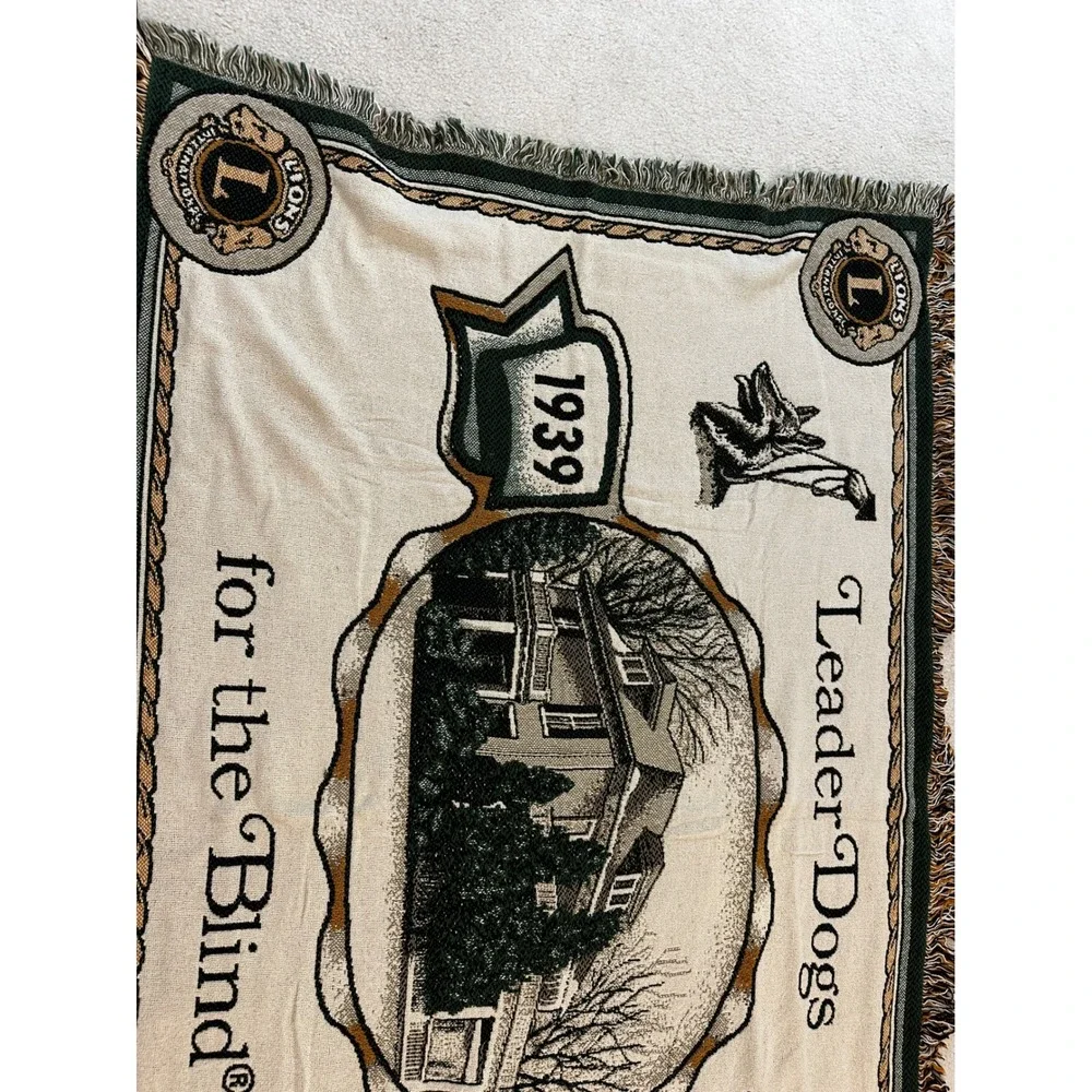 Vtg Leader Dogs for the Blind Lions Club Woven Fringe Throw Blanket 1939-1999